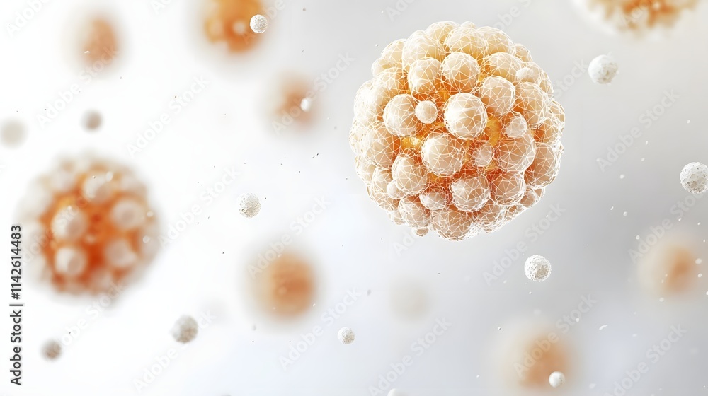 Poster close-up view of spherical particles resembling viruses or microorganisms in a light background.