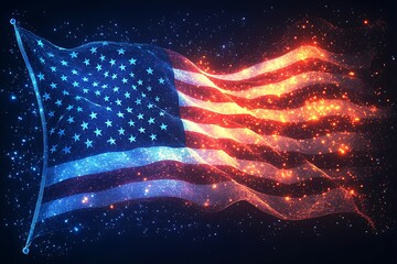 A vibrant digital American flag waving proudly against a dark, starry backdrop.