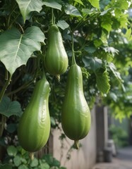 Close-up of wax gourd vine with big green leaves, hanging vine, winter melon