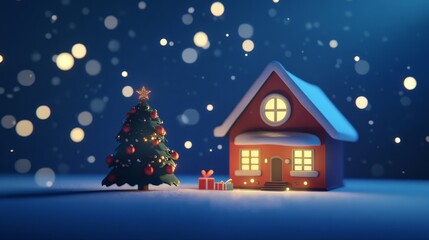 A 3D rendering of a Christmas house showcasing a beautifully decorated Christmas tree, falling snowflakes, and festive atmosphere. Cartoon style bright colors, soft lighting, and deep blue background