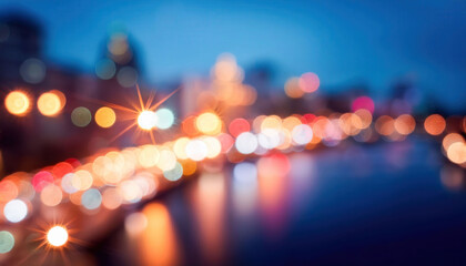 A blurred image of city lights at night, featuring colorful bokeh that creates a dreamy atmosphere, perfect for artistic projects, backgrounds, or seasonal promotions.