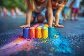 A group of children create a colorful work of art on the sidewalk using chalk, a vibrant and fun summer activity.