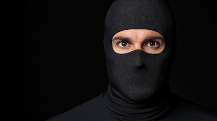 Masked Figure in Shadow: A mysterious man, his face concealed by a black balaclava, stares intently into the camera against a stark black background. The image evokes a sense of intrigue, secrecy.