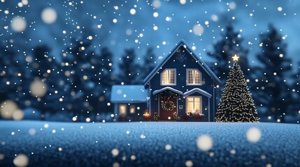 Fototapeta premium A 3D rendering of a Christmas house showcasing a beautifully decorated Christmas tree, falling snowflakes, and festive atmosphere. Cartoon style bright colors, soft lighting, and deep blue background