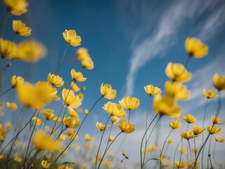 Fototapeta premium a field of yellow flowers with a blue sky in the background