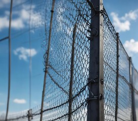 Close-up of wire mesh fence against a backdrop of blue sky, sunny, outdoors, serene, texture