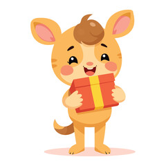 Vector flat style illustration, Pile of colorful wrapped gift boxes, cartoon hand holding gift box Cat on the snowy looks.