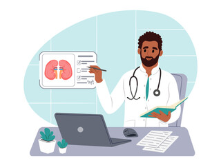 World Kidney Day. African-American nephrologist, scientist researches glomerulonephritis, pyelonephritis, urolithiasis, polycystic. Vector illustration in flat style