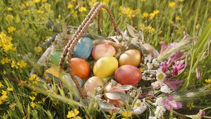 A Basket Filled with Colorful Easter Eggs and Flowers Sits Among Yellow Wildflowers.