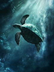 Obraz premium Dramatic underwater view of a green sea turtle gliding gracefully through tranquil blue waters