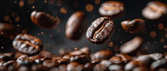 Obraz premium Roasted coffee beans falling against dark backdrop