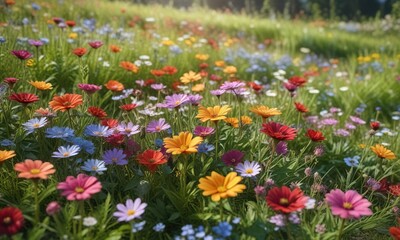 Fototapeta premium colorful flowers blooming in a lush meadow on a sunny summer day, serene,