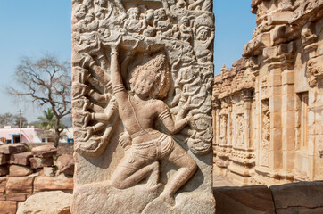 Abandoned indian temple with Lord Brahma creating the world. Stone relief of 7th century temple in...