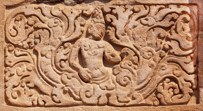 Example of Indian design of stone relief of an abandoned 7th century temple, India. 