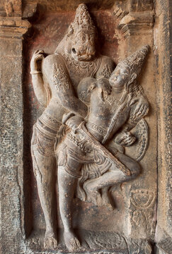 Hindu Lord Narasimha killing the evil. Abandoned Indian temple with reliefs, India
