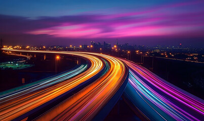 Fototapeta premium Dynamic Time-Lapse Photo of the Freeway. High Speed Concept Image at Dusk.