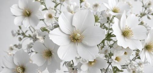 Fototapeta premium Delicate white floral print on white background, spring, close-up, foliage