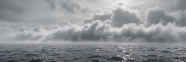 Fototapeta premium Dense fog bank with gray mist swirling around a still ocean, serene, gray smoke, swirling, mist