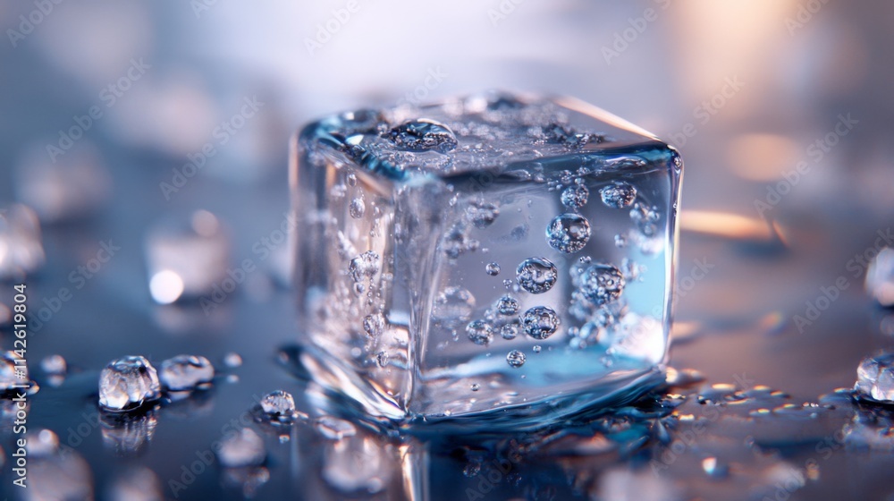 Aufkleber Ice Cube on Reflective Surface with Water Droplets and Bubbles