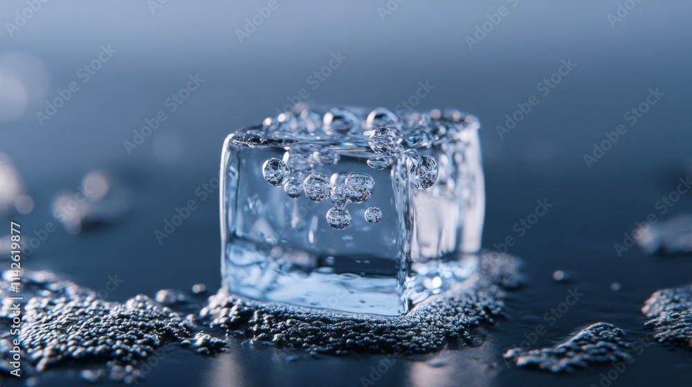 Aufkleber Close-Up of Ice Cube with Bubbles on Dark Surface