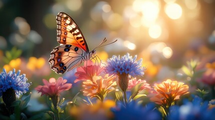 Obraz premium Butterfly on colorful flowers at sunset.