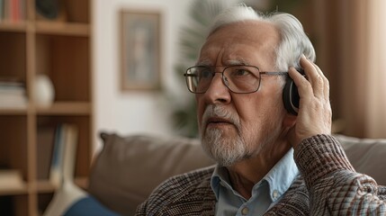 Close up of senior man with hearing aid in ear at home on couch. Health care concept, hearing enhancement, device for the deaf.