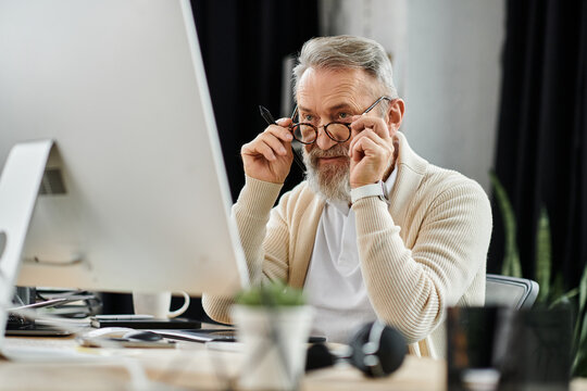 Man with gray hair and beard focuses on computer screen, adjusting his glasses thoughtfully.
