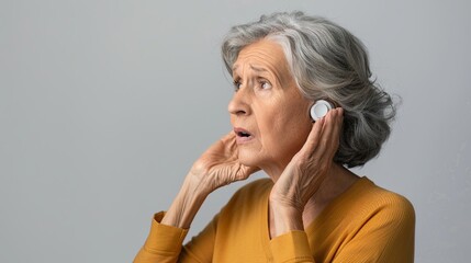 Close up of senior woman with hearing aid in ear on gray isolated background with copy space. Health care concept, hearing enhancement, device for the deaf.