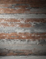 Distressed brick wall with peeling paint and grey tone, rugged, crumbling, weathered wood