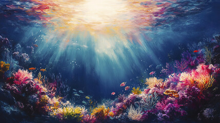 Fototapeta premium Vibrant marine water with coral reefs and colorful fish swimming below