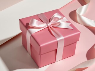 Obraz premium Pink gift box with a ribbon on a pink background