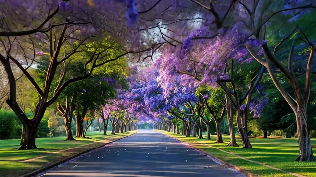 A peaceful road stretches through a park, surrounded by vibrant purple jacaranda trees in full bloom, casting soft shadows on the asphalt in the morning sunlight.