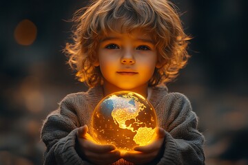 Naklejka premium A cute little boy tenderly holding a glowing globe, symbolizing hope and care for the planet's future.