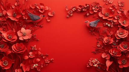 Chinese New Year red paper cutting of flowers and birds