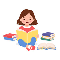Happy cute girl is holding open book and reading. Knowledge and education concept.Vector illustration