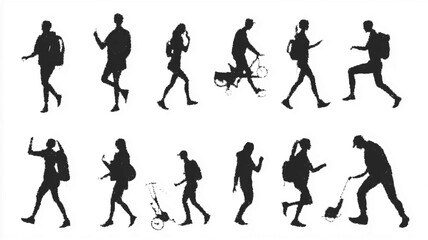 People silhouettes in urban settings, engaging in various outdoor activities. Vector icon