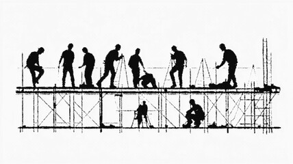 People silhouettes working together on a construction site, emphasizing teamwork. Vector icon