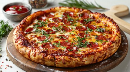 Delicious Pepperoni Pizza with Herbs on Wooden Board