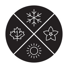 Black and white icon with symbols of the four seasons: snowflake, leaf, flower and sun in a divided circle.