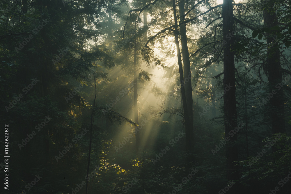 Poster serene forests tranquil ambiance with sunlight filtering through tall trees in a peaceful setting