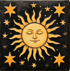 Decorative ceramic tile displaying smiling sun with closed eyes, radiating warmth among twinkling stars against dark background