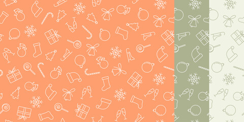 Festive New Year's pattern with contour icons of snowflakes, gifts, snowmen and others on three backgrounds.