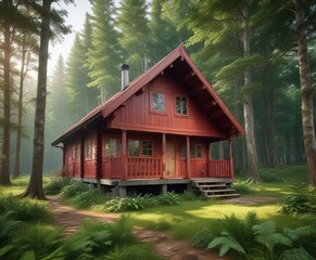 Exterior view of a traditional red wooden cabin in a lush green forest, tranquil, Swedish, countryside