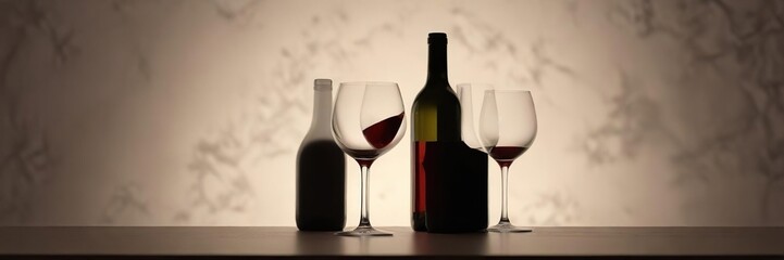 Fancy shadow of wine glass with bottle on simple background, enjoy, beverage, relax, elegant, alcohol