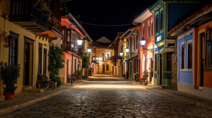 Obraz premium Serene Night Walk in Colorful Cobblestone Street of Historic Village