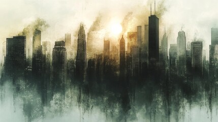 Obraz premium Urban Skyline Silhouette with Hazy Sunrise and Dramatic Atmosphere