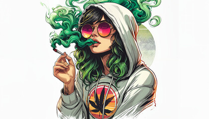 A laid-back girl wearing oversized sunglasses and a hoodie, casually smoking a marijuana joint with vibrant green smoke