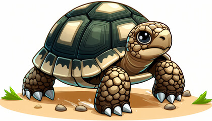 A cartoon-style ploughshare tortoise with a textured shell, set against a light background.