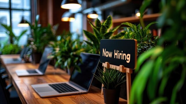 A startup office with a "Now Hiring" sign, surrounded by an energetic team working on laptops