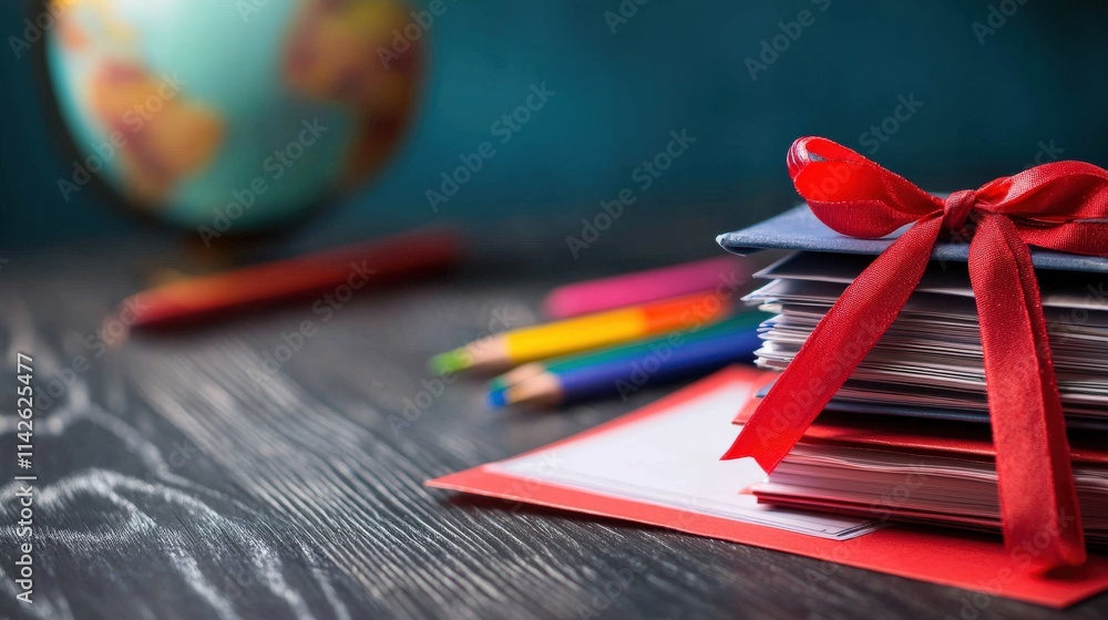 Poster a stack of report cards tied with a red ribbon, placed on a teacher desk alongside colorful pens and